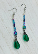 Load image into Gallery viewer, Created with Nature in Mind - Peacock Feathers Inspire These Earrings. Showcase a unique combination of glass beading and rectangular rainbow Hematite beads for a multi-textured look. An eye-catching style and a "must have" for any jewelry collection. Measurements: 2 1/2” in length