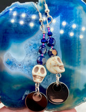 Load image into Gallery viewer, white howlite skull beads with dark purple round glass beads fish hook style earrings 2"