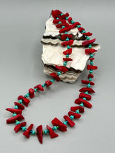 Load image into Gallery viewer, A distinctive Southwestern Style necklace featuring an alluring blend of large red coral and turquoise glass beads, gold accents, and an eye-catching cascade of vibrant color. Measurements: Necklace is 19 " in length adjustable to 20"