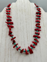 Load image into Gallery viewer, A distinctive Southwestern Style necklace featuring an alluring blend of large red coral and turquoise glass beads, gold accents, and an eye-catching cascade of vibrant color. Measurements: Necklace is 19 " in length adjustable to 20"