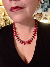 Load image into Gallery viewer, A distinctive Southwestern Style necklace featuring an alluring blend of large red coral and turquoise glass beads, gold accents, and an eye-catching cascade of vibrant color. Measurements: Necklace is 19 " in length adjustable to 20"
