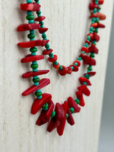 Load image into Gallery viewer, This eye-catching Southwestern Style necklace features two strands of alternating red coral and turquoise-tone glass beads, including both petite and larger sizes. Measurements: Necklace is 17" in length adjustable to 19"