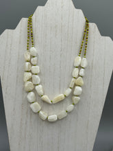 Load image into Gallery viewer, This exquisite necklace features large natural Calcite beads complemented by Wasabi Green glass beads. Two strands of neutral colors bring a sophisticated look that can dress up or dress down any outfit for a one-of-a-kind style. Measurements: Necklace is 17 1/4 " in length adjustable to 18 1/2"
