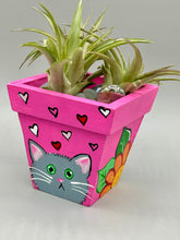 Load image into Gallery viewer, Hand-painted cute cat and flowers themed decorative mini pine wood planter. Perfect for use with air plants, or as a holder for everyday items. Just in time for Spring and Summer home decor. Makes a great housewarming gift!