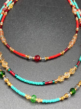 Load image into Gallery viewer, Vibrant And Enchanting Southwestern Style Jewelry. Colorful and bold three strand turquoise, bright and dark reds and greens, golds and yellows glass beads.