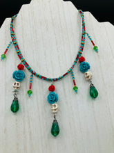 Load image into Gallery viewer, Frida Kahlo Inspired Dangling Skulls Glass Beaded Necklace, La Catrina Day Of The Dead Adjustable Choker Style Necklace, Southwest Inspired