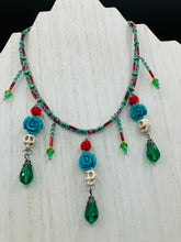 Load image into Gallery viewer, Frida Kahlo Inspired Dangling Skulls Glass Beaded Necklace, La Catrina Day Of The Dead Adjustable Choker Style Necklace, Southwest Inspired