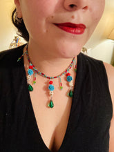 Load image into Gallery viewer, Frida Kahlo Inspired Dangling Skulls Glass Beaded Necklace, La Catrina Day Of The Dead Adjustable Choker Style Necklace, Southwest Inspired