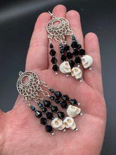 Load image into Gallery viewer, Cascade of Skull Beads Choker Necklace Smiling Crescent Moon Charms, Pastel Goth, Dark Witchy Crescent Moonbeams Jewelry, Day Of The Dead Calavera