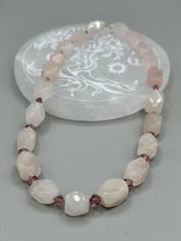 Load image into Gallery viewer, This Nature Lovers Necklace is a stunning addition to any outfit. Crafted from genuine rose quartz and light purple glass beads, the princess style necklace is secured with a hook-eye clasp for added security and style. Whether for everyday wear or a special occasion, this elegant accessory is sure to delight. Measurements: Necklace is 17” - can be adjusted to 19"