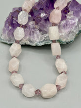 Load image into Gallery viewer, This Nature Lovers Necklace is a stunning addition to any outfit. Crafted from genuine rose quartz and light purple glass beads, the princess style necklace is secured with a hook-eye clasp for added security and style. Whether for everyday wear or a special occasion, this elegant accessory is sure to delight. Measurements: Necklace is 17” - can be adjusted to 19"