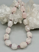 Load image into Gallery viewer, This Nature Lovers Necklace is a stunning addition to any outfit. Crafted from genuine rose quartz and light purple glass beads, the princess style necklace is secured with a hook-eye clasp for added security and style. Whether for everyday wear or a special occasion, this elegant accessory is sure to delight. Measurements: Necklace is 17” - can be adjusted to 19"