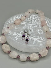 Load image into Gallery viewer, Genuine Natural Stone Rose Quartz Necklace, Light Purple Glass Beaded Princess Style Necklace, Hippie Nature Lovers Necklace