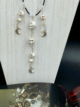 Load image into Gallery viewer, Cascade of Skull Beads Choker Necklace Smiling Crescent Moon Charms, Pastel Goth, Dark Witchy Crescent Moonbeams Jewelry, Day Of The Dead Calavera
