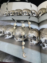 Load image into Gallery viewer, Cascade of Skull Beads Choker Necklace Smiling Crescent Moon Charms, Pastel Goth, Dark Witchy Crescent Moonbeams Jewelry, Day Of The Dead Calavera