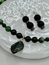 Load image into Gallery viewer, Natural Ruby Zoisite And Black Obsidian Stone Beads, Green Jasper Leaf Pendant Hand Beaded Necklace