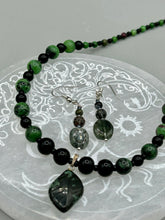 Load image into Gallery viewer, Natural Ruby Zoisite And Black Obsidian Stone Beads, Green Jasper Leaf Pendant Hand Beaded Necklace