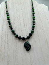 Load image into Gallery viewer, Natural Ruby Zoisite And Black Obsidian Stone Beads, Green Jasper Leaf Pendant Hand Beaded Necklace