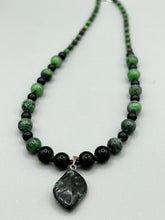 Load image into Gallery viewer, Natural Ruby Zoisite And Black Obsidian Stone Beads, Green Jasper Leaf Pendant Hand Beaded Necklace