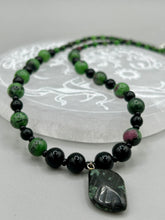 Load image into Gallery viewer, Natural Ruby Zoisite And Black Obsidian Stone Beads, Green Jasper Leaf Pendant Hand Beaded Necklace