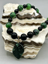 Load image into Gallery viewer, Natural Ruby Zoisite And Black Obsidian Stone Beads, Green Jasper Leaf Pendant Hand Beaded Necklace