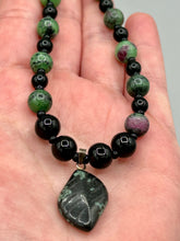 Load image into Gallery viewer, Natural Ruby Zoisite And Black Obsidian Stone Beads, Green Jasper Leaf Pendant Hand Beaded Necklace