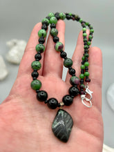 Load image into Gallery viewer, Natural Ruby Zoisite And Black Obsidian Stone Beads, Green Jasper Leaf Pendant Hand Beaded Necklace