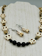 Load image into Gallery viewer, Natural Bamboo Chips And Black Obsidian Stone Beads, Hand Beaded Skull Necklace, Skully Witchy Vibe, Goth Dark Souls Jewelry, Day Of The Dead, Calavera Dia De Los Muertos
