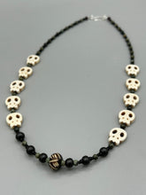 Load image into Gallery viewer, Natural Serpentine Green Lace And Black Obsidian Stone Beads, Hand Beaded Skull Necklace, Skully Witchy Vibe, Goth Dark Souls Jewelry, Day Of The Dead, Calavera Dia De Los Muertos