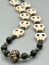 Load image into Gallery viewer, Natural Serpentine Green Lace And Black Obsidian Stone Beads, Hand Beaded Skull Necklace, Skully Witchy Vibe, Goth Dark Souls Jewelry, Day Of The Dead, Calavera Dia De Los Muertos
