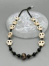 Load image into Gallery viewer, Natural Serpentine Green Lace And Black Obsidian Stone Beads, Hand Beaded Skull Necklace, Skully Witchy Vibe, Goth Dark Souls Jewelry, Day Of The Dead, Calavera Dia De Los Muertos