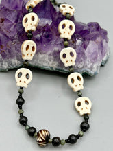 Load image into Gallery viewer, Natural Serpentine Green Lace And Black Obsidian Stone Beads, Hand Beaded Skull Necklace, Skully Witchy Vibe, Goth Dark Souls Jewelry, Day Of The Dead, Calavera Dia De Los Muertos