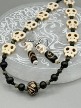 Load image into Gallery viewer, Natural Serpentine Green Lace And Black Obsidian Stone Beads, Hand Beaded Skull Necklace, Skully Witchy Vibe, Goth Dark Souls Jewelry, Day Of The Dead, Calavera Dia De Los Muertos