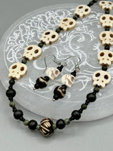 Load image into Gallery viewer, Natural Serpentine Green Lace And Black Obsidian Stone Beads, Hand Beaded Skull Necklace, Skully Witchy Vibe, Goth Dark Souls Jewelry, Day Of The Dead, Calavera Dia De Los Muertos