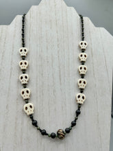 Load image into Gallery viewer, Natural Serpentine Green Lace And Black Obsidian Stone Beads, Hand Beaded Skull Necklace, Skully Witchy Vibe, Goth Dark Souls Jewelry, Day Of The Dead, Calavera Dia De Los Muertos