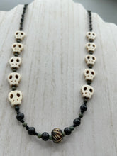 Load image into Gallery viewer, Natural Serpentine Green Lace And Black Obsidian Stone Beads, Hand Beaded Skull Necklace, Skully Witchy Vibe, Goth Dark Souls Jewelry, Day Of The Dead, Calavera Dia De Los Muertos