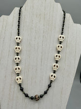 Load image into Gallery viewer, Natural Serpentine Green Lace And Black Obsidian Stone Beads, Hand Beaded Skull Necklace, Skully Witchy Vibe, Goth Dark Souls Jewelry, Day Of The Dead, Calavera Dia De Los Muertos