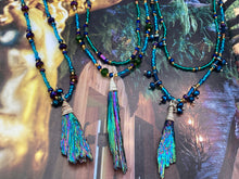 Load image into Gallery viewer, Rainbow Kyanite Wired Stone Pendant Glass Beads Necklace, Celestial Vibe Natural Stone, Hippie Choker Style Necklace, Shabby Chic, Boho Chic