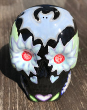 Load image into Gallery viewer, Black Ceramic Bat Skull Art, Hand Painted Skull, Mini Goth Witchy Altar Skull Art