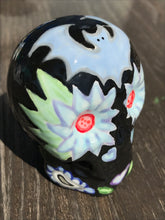 Load image into Gallery viewer, Black Ceramic Bat Skull Art, Hand Painted Skull, Mini Goth Witchy Altar Skull Art
