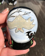 Load image into Gallery viewer, Black Ceramic Bat Skull Art, Hand Painted Skull, Mini Goth Witchy Altar Skull Art