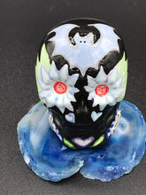 Load image into Gallery viewer, Black Ceramic Bat Skull Art, Hand Painted Skull, Mini Goth Witchy Altar Skull Art