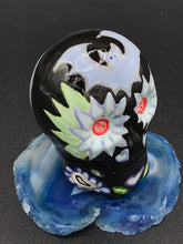 Load image into Gallery viewer, Black Ceramic Bat Skull Art, Hand Painted Skull, Mini Goth Witchy Altar Skull Art