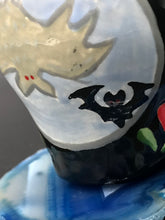 Load image into Gallery viewer, Black Ceramic Bat Skull Art, Hand Painted Skull, Mini Goth Witchy Altar Skull Art