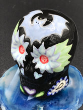 Load image into Gallery viewer, Black Ceramic Bat Skull Art, Hand Painted Skull, Mini Goth Witchy Altar Skull Art