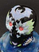 Load image into Gallery viewer, Black Ceramic Bat Skull Art, Hand Painted Skull, Mini Goth Witchy Altar Skull Art