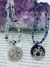 Load image into Gallery viewer, Dark Amethyst Sterling Silver Cat Pendant With Stars Chocker Necklace, Hippie Kitty Lovers Jewelry, Celestial Starry Night Witchy Crystals