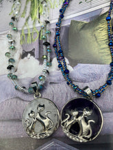 Load image into Gallery viewer, Dark Amethyst Sterling Silver Cat Pendant With Stars Chocker Necklace, Hippie Kitty Lovers Jewelry, Celestial Starry Night Witchy Crystals