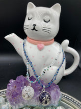 Load image into Gallery viewer, Dark Amethyst Sterling Silver Cat Pendant With Stars Chocker Necklace, Hippie Kitty Lovers Jewelry, Celestial Starry Night Witchy Crystals