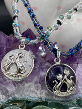 Load image into Gallery viewer, Quartz Cat Pendant With Stars Glass Beaded Chocker Necklace, Kitty Cats Hippie Nature Lovers Jewelry, Celestial Starry Night Kitten